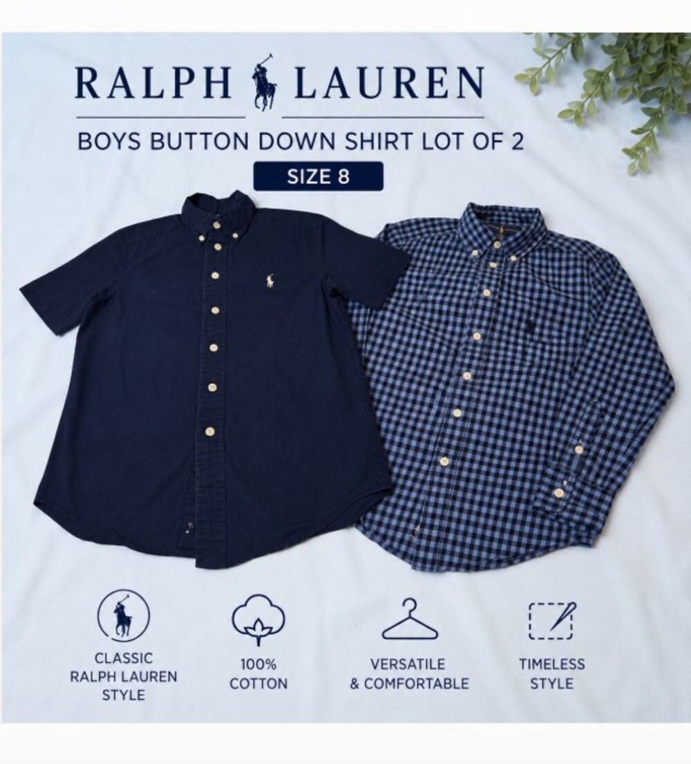 Ralph Lauren Boys Shirts Lot of 2 Navy Gingham Button Down Size 8 Cotton